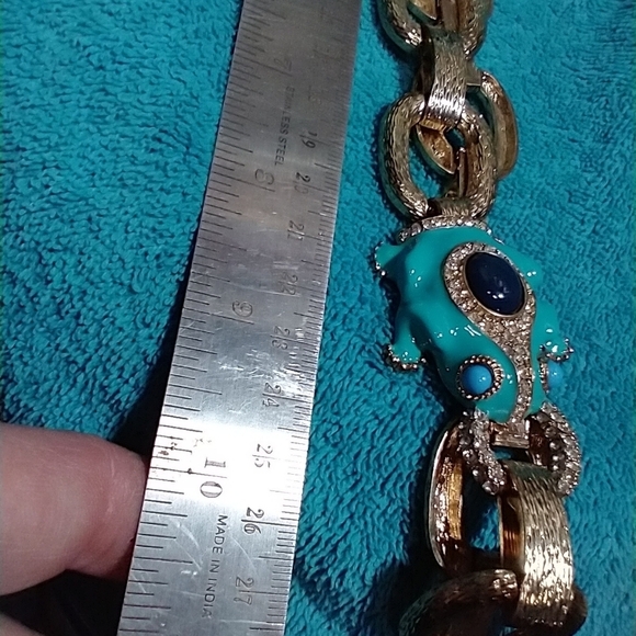 Elegant Gold Tone and Turquoise Blue Crystals Pendant Necklace large heavy frog - Picture 2 of 4